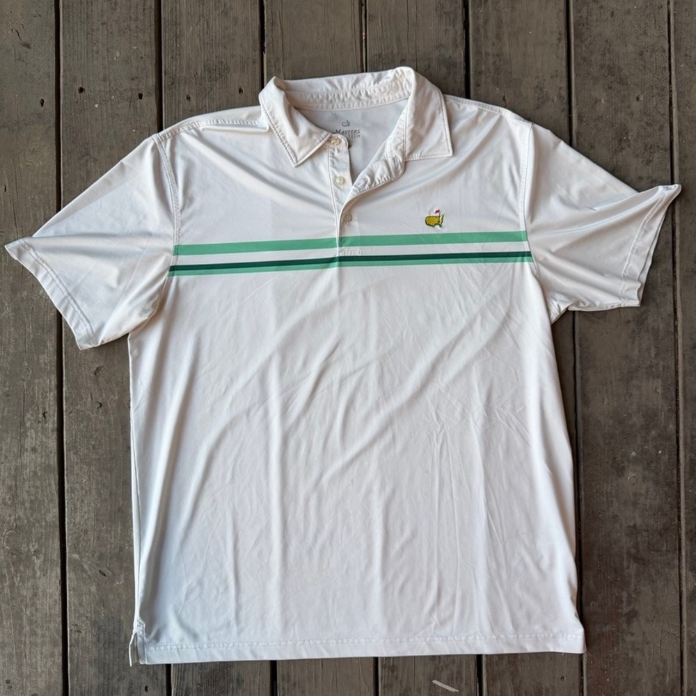 Masters Tech Golf Polo Shirt Mens XL White Green Stripe Augusta National Logo